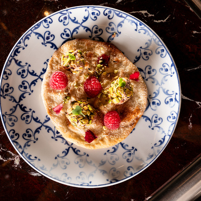 Duck foie mousse, pistachio and raspberry Inés Rosales at Maestro of the Hotel EME Catedral Mercer